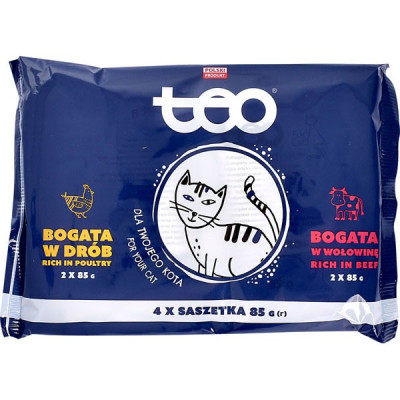 Kaķu konservi Teo 4*85g ar vistas un liellopu gaļu 1/9 (09.04.2027) Polija