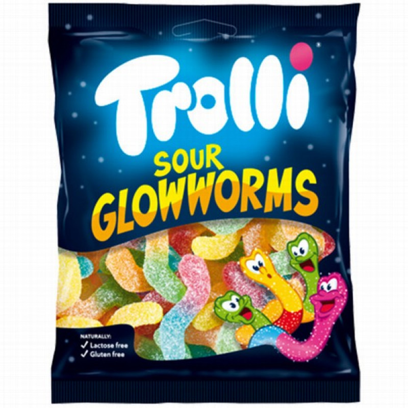 Želejkonfektes Trolli skābie Glowworms 100g (26.08.27) Vācija