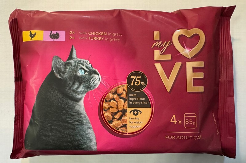Kaķu konservi My Love ar tītaru un vistas gaļu maigā mērcē  4*85g 1/13 (10.12.26) Lietuva