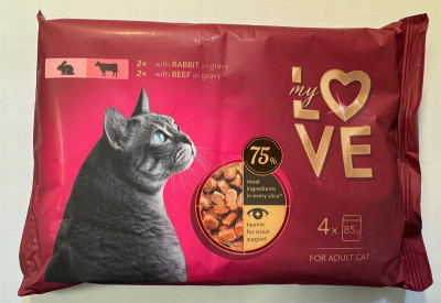 Kaķu konservi My Love ar truša un liellopu gaļu maigā mērcē ((4*85g)) 1/13 (12.06.2027) Lietuva