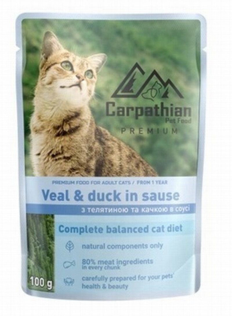 Kaķu konservi Carpathian Pet food ar teļa un pīles gaļu 100g 1/24 (03.09.27) Ukraina
