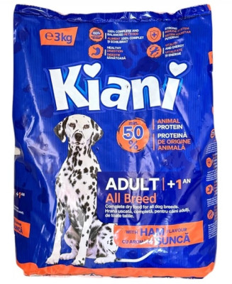 Sausā barība suņiem KIANI Adult+1 ar šķiņķa garšu 3 kg pieaugušiem suņiem (28.03.27)