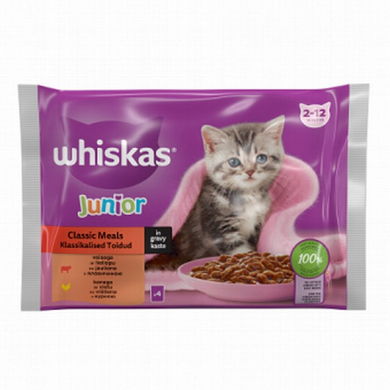 Kaķu konservi Whiskas 4*85g Junior klasiskā izlase  (24.03.25)