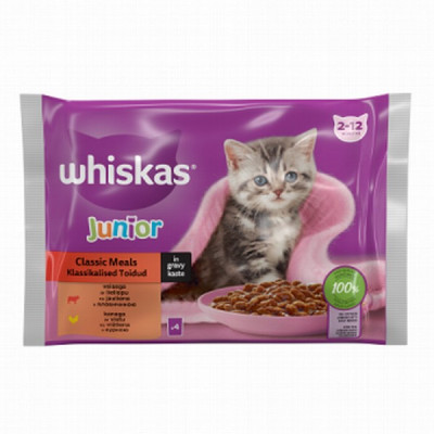Kaķu konservi Whiskas 4*85g Junior klasiskā izlase  (24.03.25)