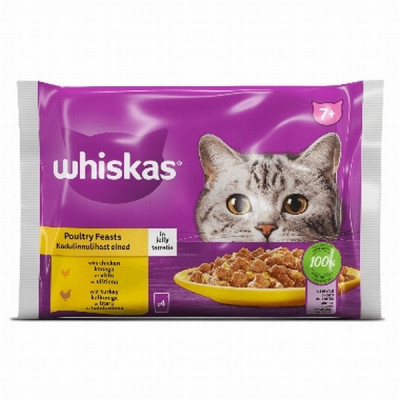 Kaķu konservi Whiskas 4*85g 7+ mājputnu gaļas mielasts (11.06.2025)