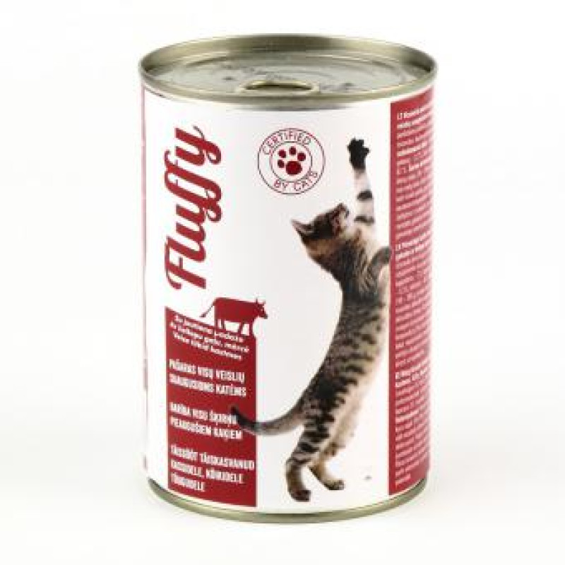 Kaķu konservi Fluffy ar liellopu 410g 1/10 (08.01.28) Polija