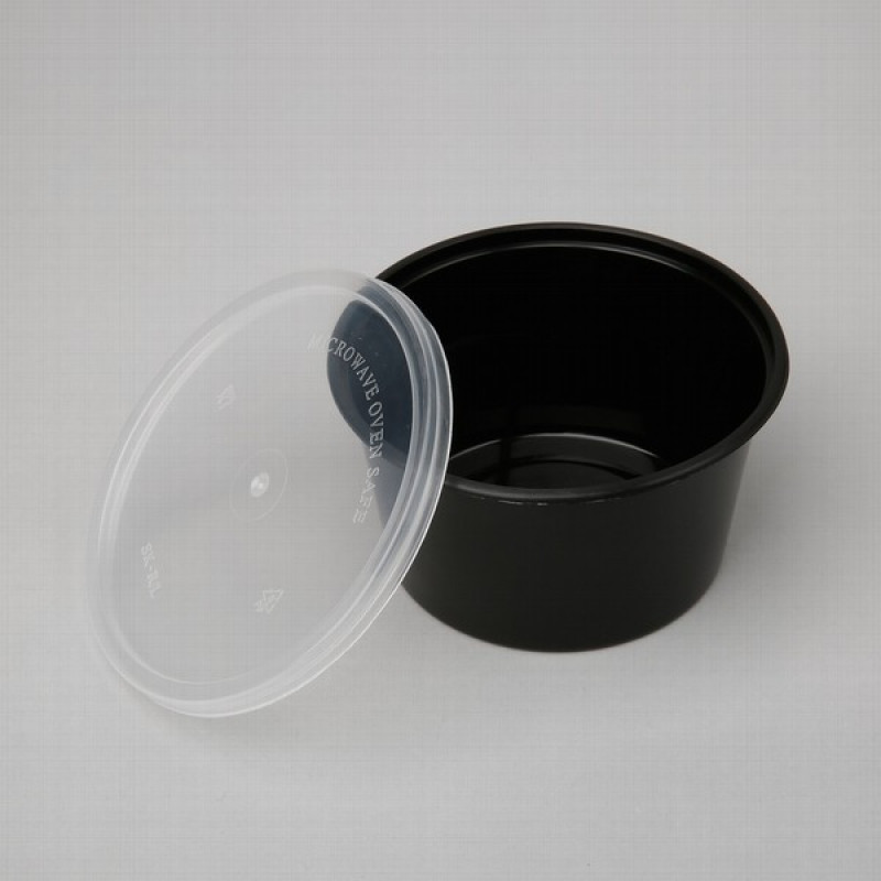 Trauki zupas plastmasas konteineri 450ml apaļi, melni ar vākiem 25gb