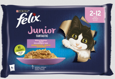 Kaķu konservi Felix Junior vistas gaļa, lasis 4*85g 1/12 (04.28) Ungārija