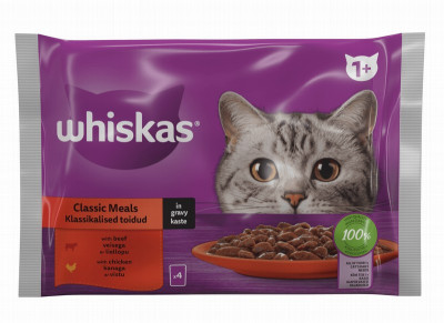Kaķu konservi Whiskas ar gaļu,klasiskā izlase 4*85g(17.09.2025)